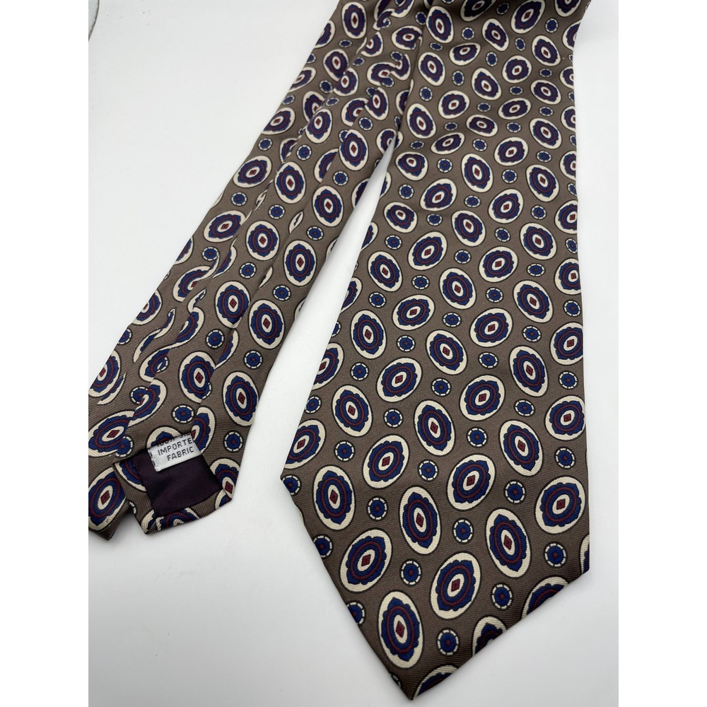 Salvatori Mens Silk Tie Taupe Blue Burgundy Geometric Medallion Pattern Classic